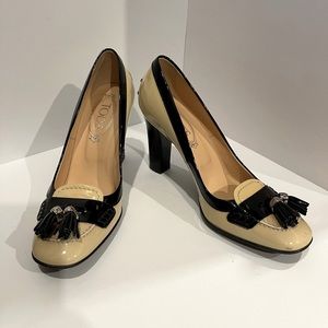 Tods Tassled Black Patton & Creme Heels